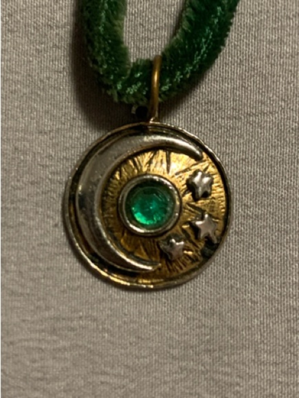 Gold-Tone Sunburst Pendant Necklace with Green Stone on Green Cord